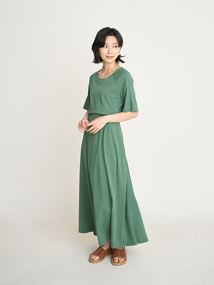 時間種子拉克蘭袖縮腰洋裝-木葉