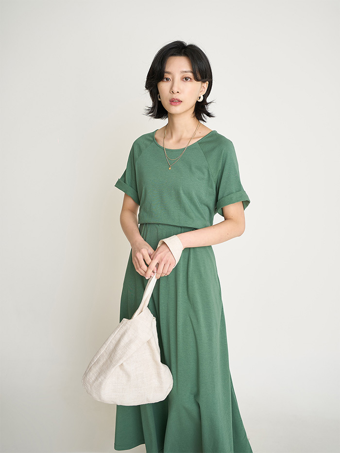 時間種子拉克蘭袖縮腰洋裝-木葉