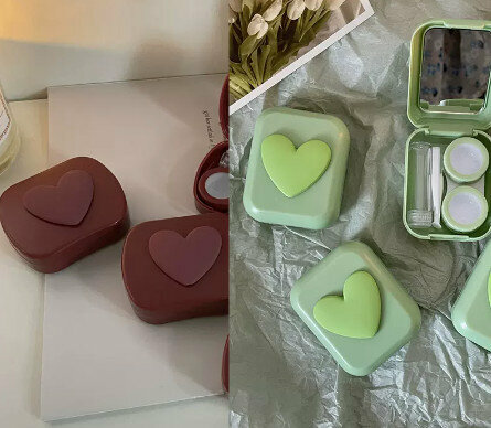 Hot selling compact and portable color contact lens three-dimensional love contact lens case for myopia (specification: as362 wine red + as363 green)