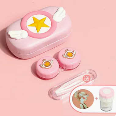 Popular Contact Myopia Glasses Cartoon Care Storage Companion Color Contact Lens Box (Specifications: Compact Box-Sakura Wings [Free Cleaner + Portable Mirror])