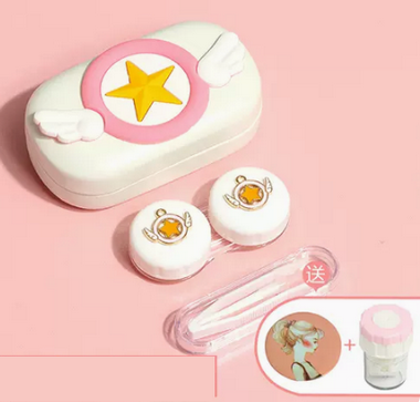 Popular Contact Myopia Glasses Cartoon Care Storage Companion Color Contact Lens Box (Specifications: White Box-Sakura Wings [Free Cleaner + Portable Mirror])