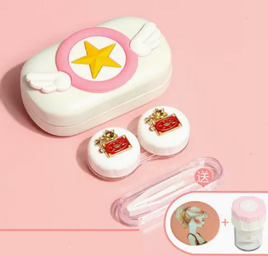 Popular Contact Myopia Glasses Cartoon Care Storage Companion Color Contact Lens Box (Specifications: White Box-Sakura Formation [Free Cleaner + Portable Mirror])