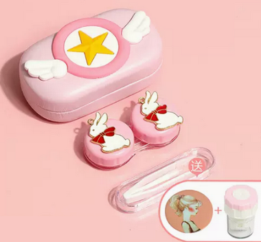 Popular contact lens myopia cartoon care storage companion contact lens box (specifications: powder box-little white rabbit [free cleaner + portable mirror])