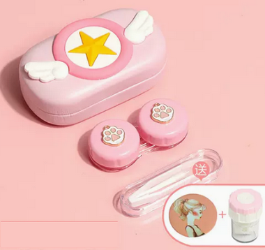 Popular Contact Myopia Glasses Cartoon Care and Storage Companion Color Contact Lens Box (Specifications: Powder Box-Kitten Claw [Free Cleaner + Portable Mirror])