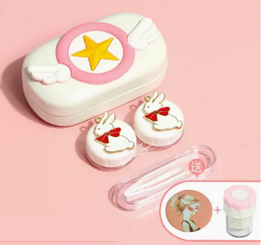 Popular contact lens myopia cartoon care storage companion contact lens box (specifications: white box-little white rabbit [free cleaner + portable mirror])