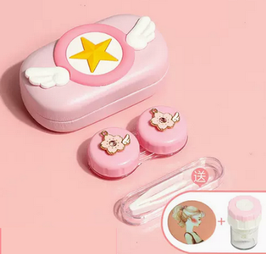 Popular Contact Myopia Glasses Cartoon Care Storage Companion Color Contact Lens Box (Specifications: Powder Box-Sakura Diamond [Free Cleaner + Portable Mirror])