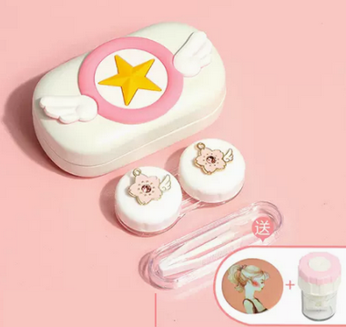 Popular Contact Myopia Glasses Cartoon Care Storage Companion Color Contact Lens Box (Specifications: White Box-Sakura Diamond [Free Cleaner + Portable Mirror])