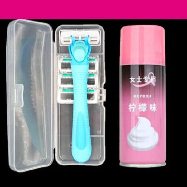 Popular manual shaving whole body shaving razor set (blue model 1 blade holder + 4 blades + foam + storage box)