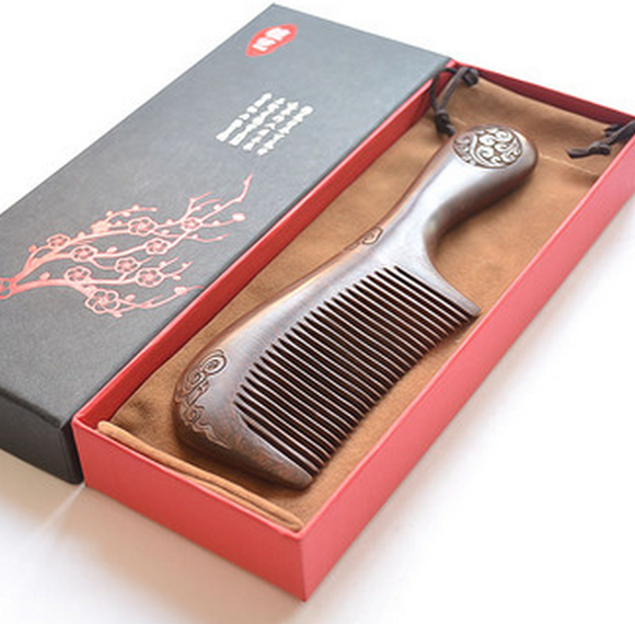 Hot style wooden comb large fine-toothed sandalwood (gift box + cloth bag) about 18 cm