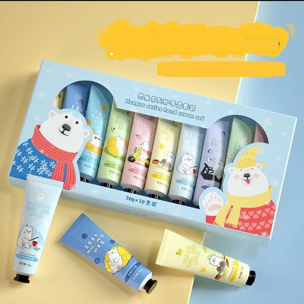 Popular flower and fruit hand cream moisturizing and hydrating set for rejuvenating skin, improving dryness and roughness in autumn and winter, preventing dryness and cracking, small and portable (Little Bear Hand Cream Set 1 box)