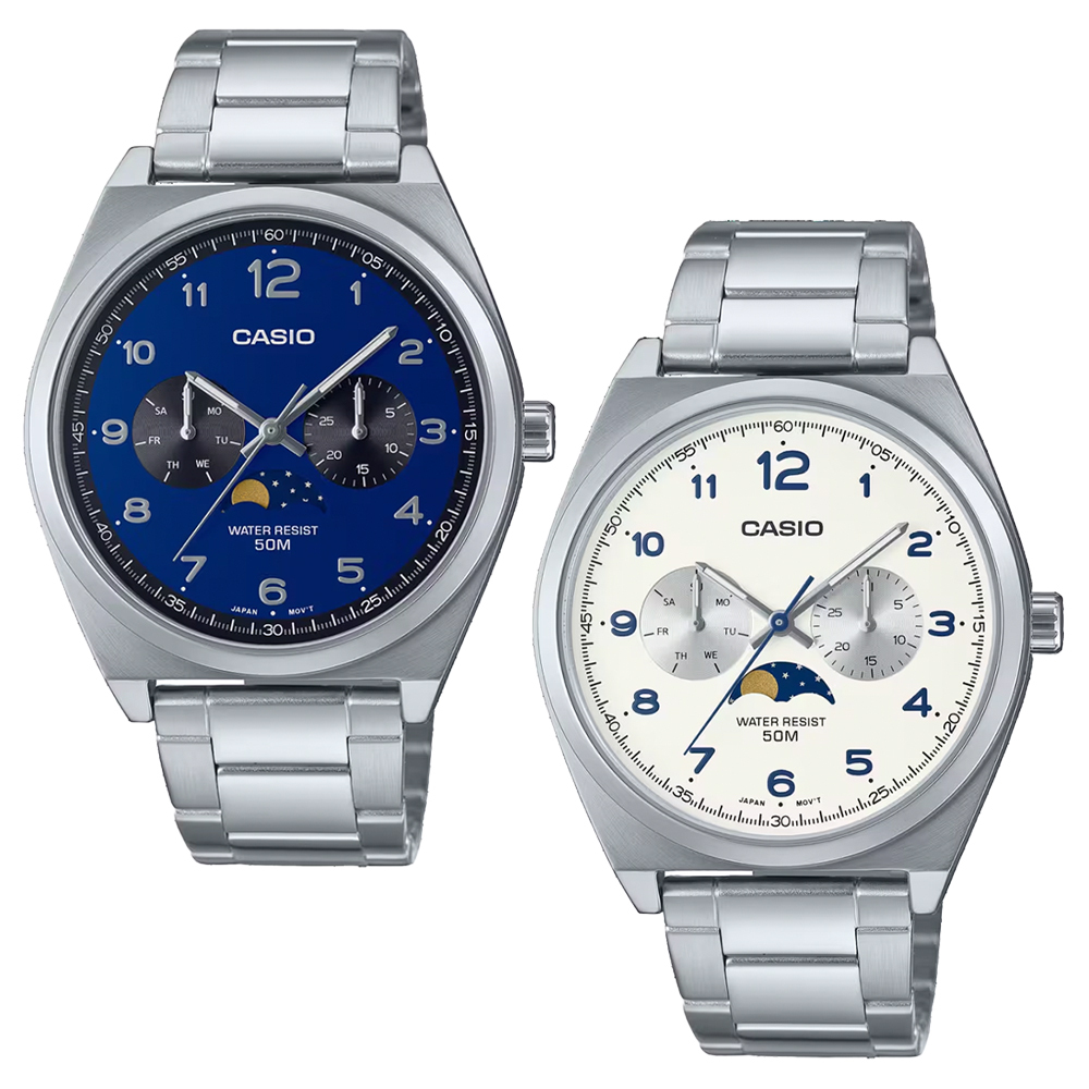 【CASIO 卡西歐】MTP-M300D 光潔月相 神秘氣質 三眼三針 日期星期 夜光指針 不鏽鋼 石英腕錶 手錶