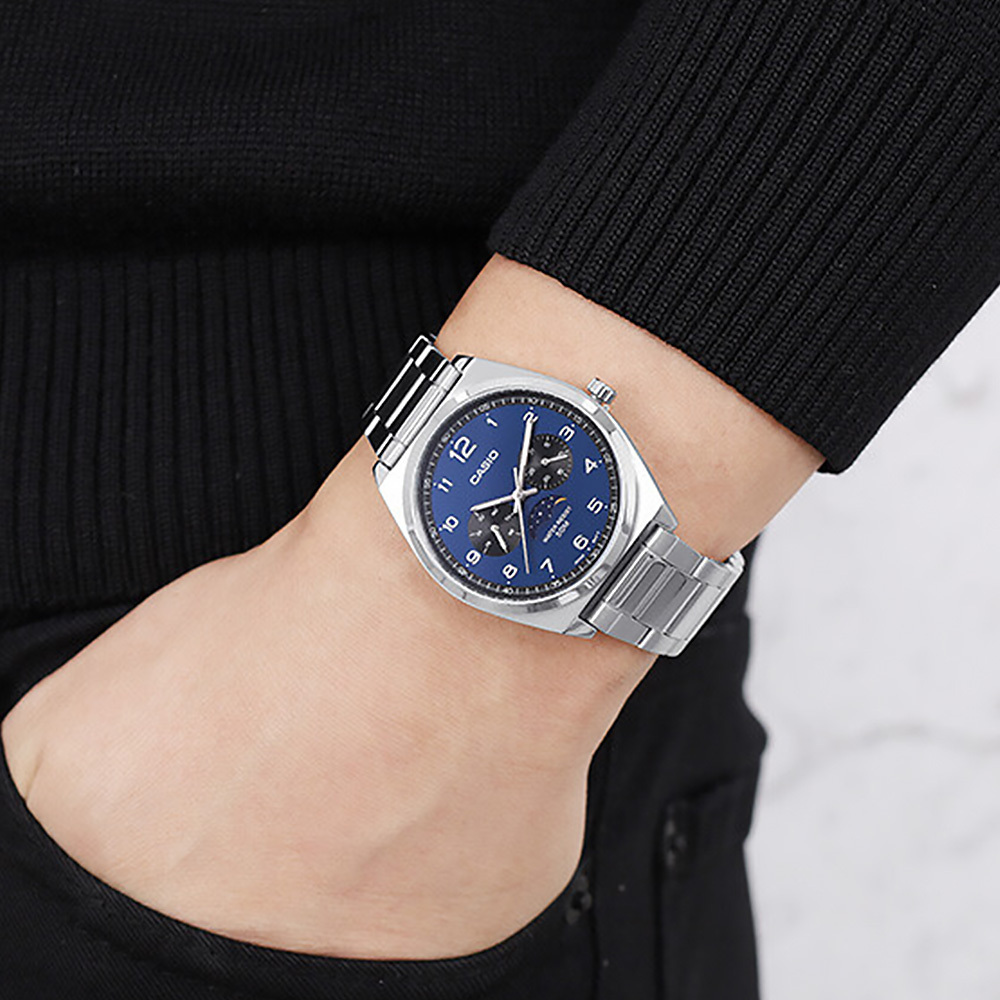 【CASIO 卡西歐】MTP-M300D 光潔月相 神秘氣質 三眼三針 日期星期 夜光指針 不鏽鋼 石英腕錶 手錶