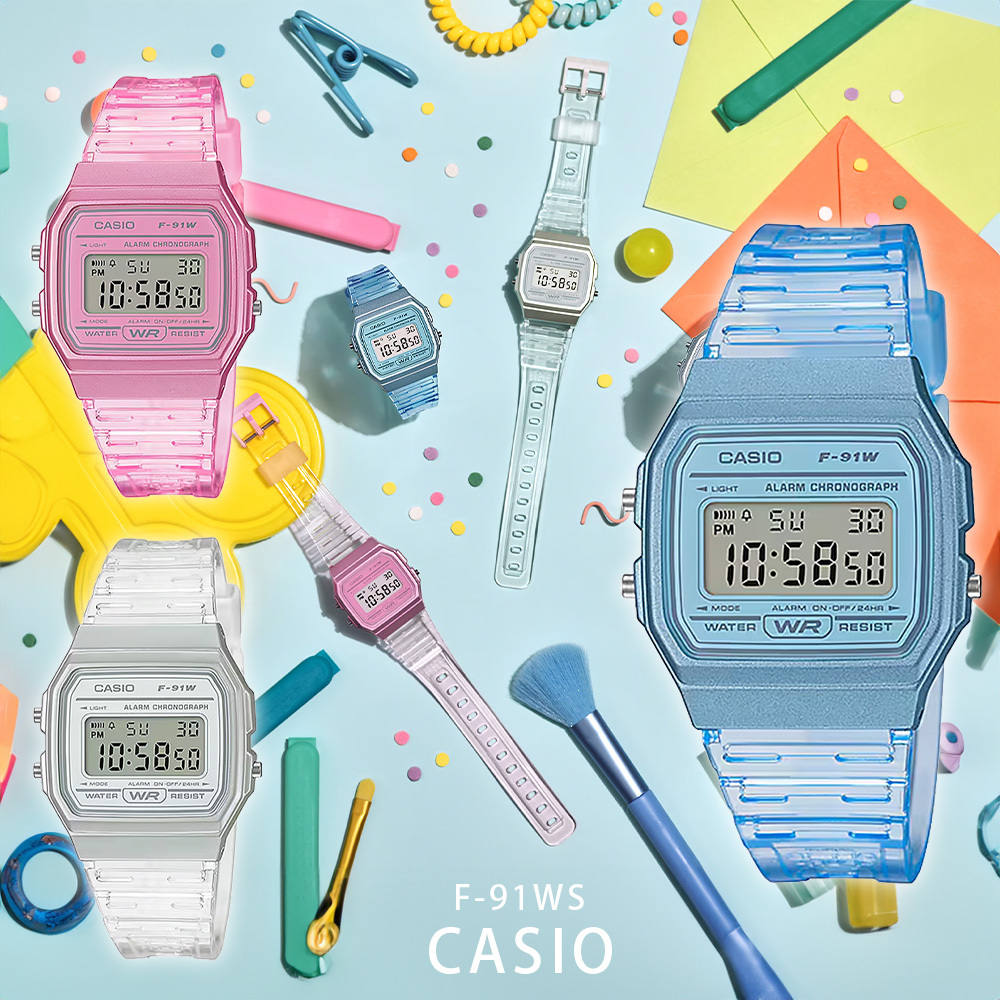 【CASIO 卡西歐】F-91WS 夏日果凍 柔韌清透 小清新 自動日曆 日期星期 計時碼錶 LED 透明電子錶 手錶