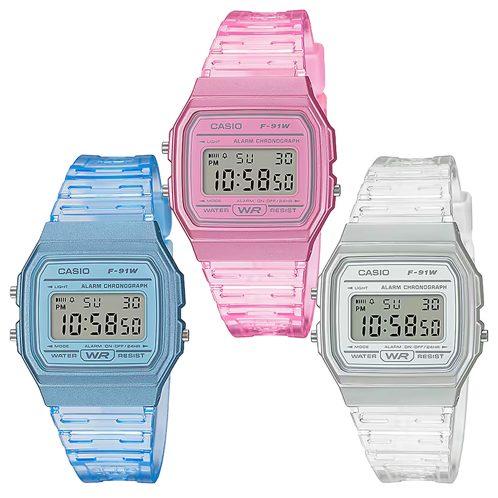 【CASIO 卡西歐】F-91WS 夏日果凍 柔韌清透 小清新 自動日曆 日期星期 計時碼錶 LED 透明電子錶 手錶