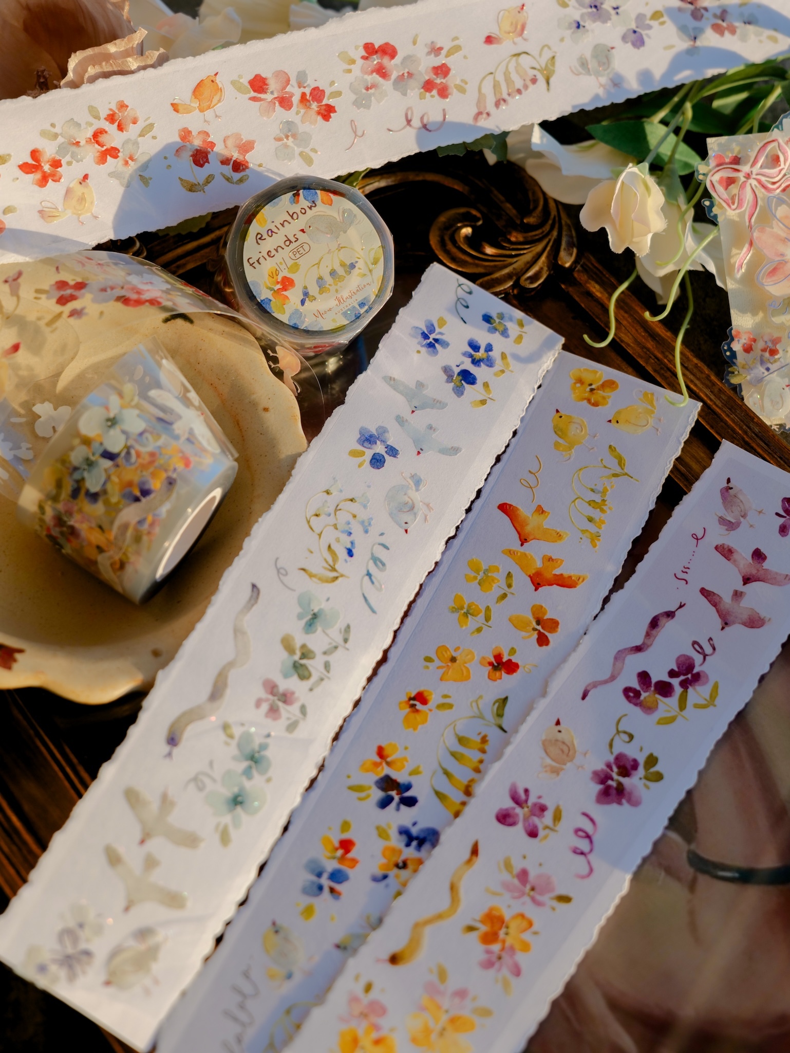 Meow Illustration．彩虹好朋友vol.1 4cm亮面銀河光PET/玫瑰金和紙膠帶 <整捲/分裝>