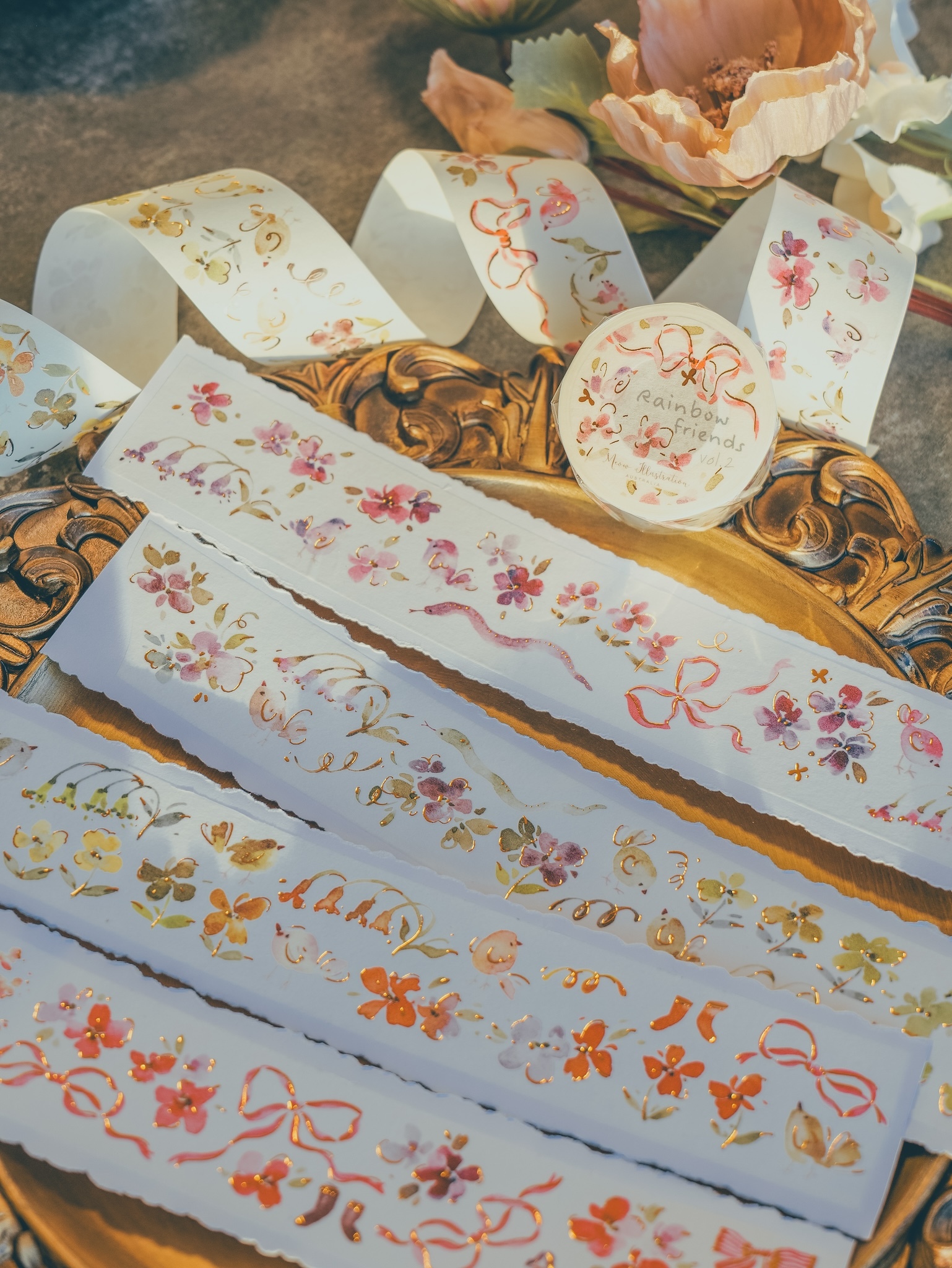 Meow Illustration．彩虹好朋友vol.2 4cm亮面玫瑰金PET/古銅金和紙膠帶 <整捲/分裝>