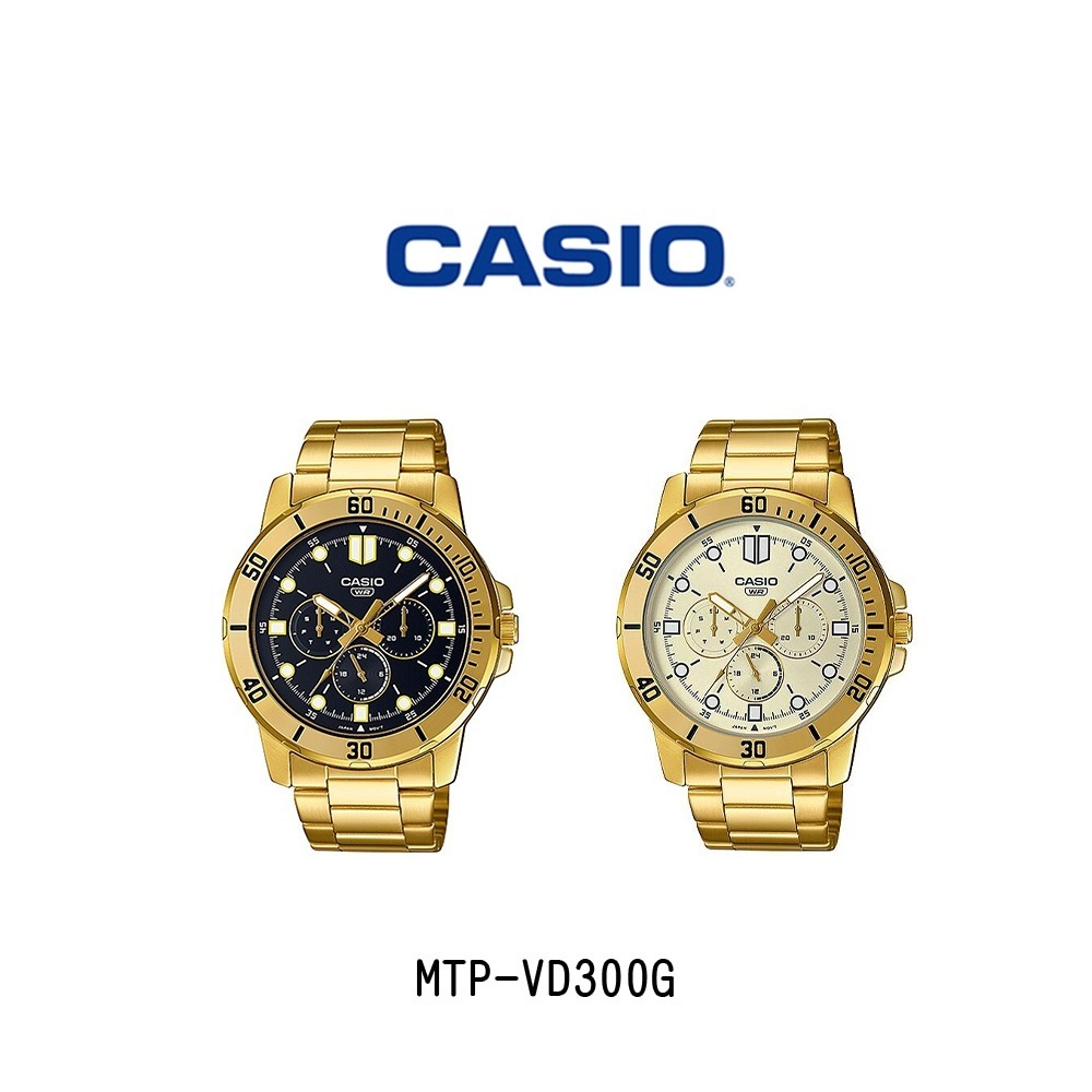 【CASIO 卡西歐】經典商務 紳士 奢華金 奢華黑金 三眼 日期 不鏽鋼男士腕錶 MTP-VD300G