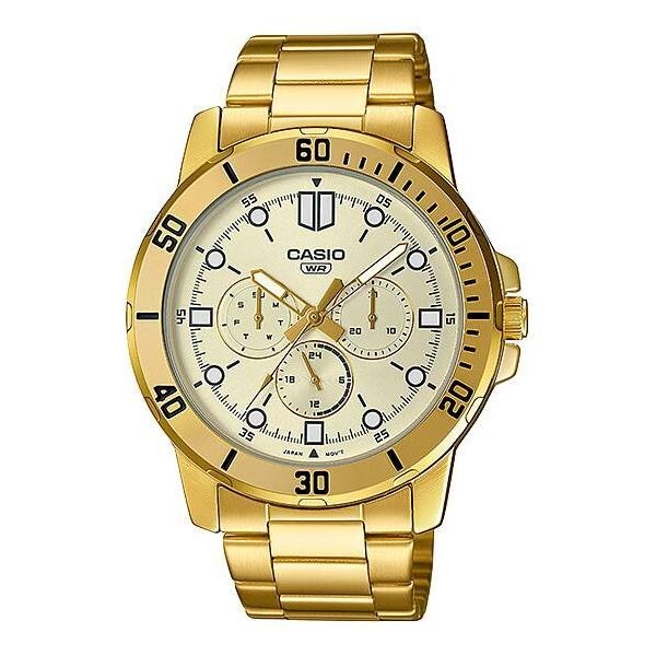 【CASIO 卡西歐】經典商務 紳士 奢華金 奢華黑金 三眼 日期 不鏽鋼男士腕錶 MTP-VD300G