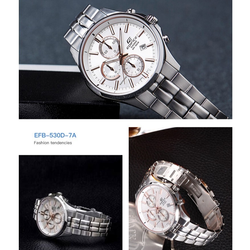 【CASIO 卡西歐】EDIFICE商務藍寶石鏡面銀玫計時不鏽鋼手錶(EFB-530D-7)