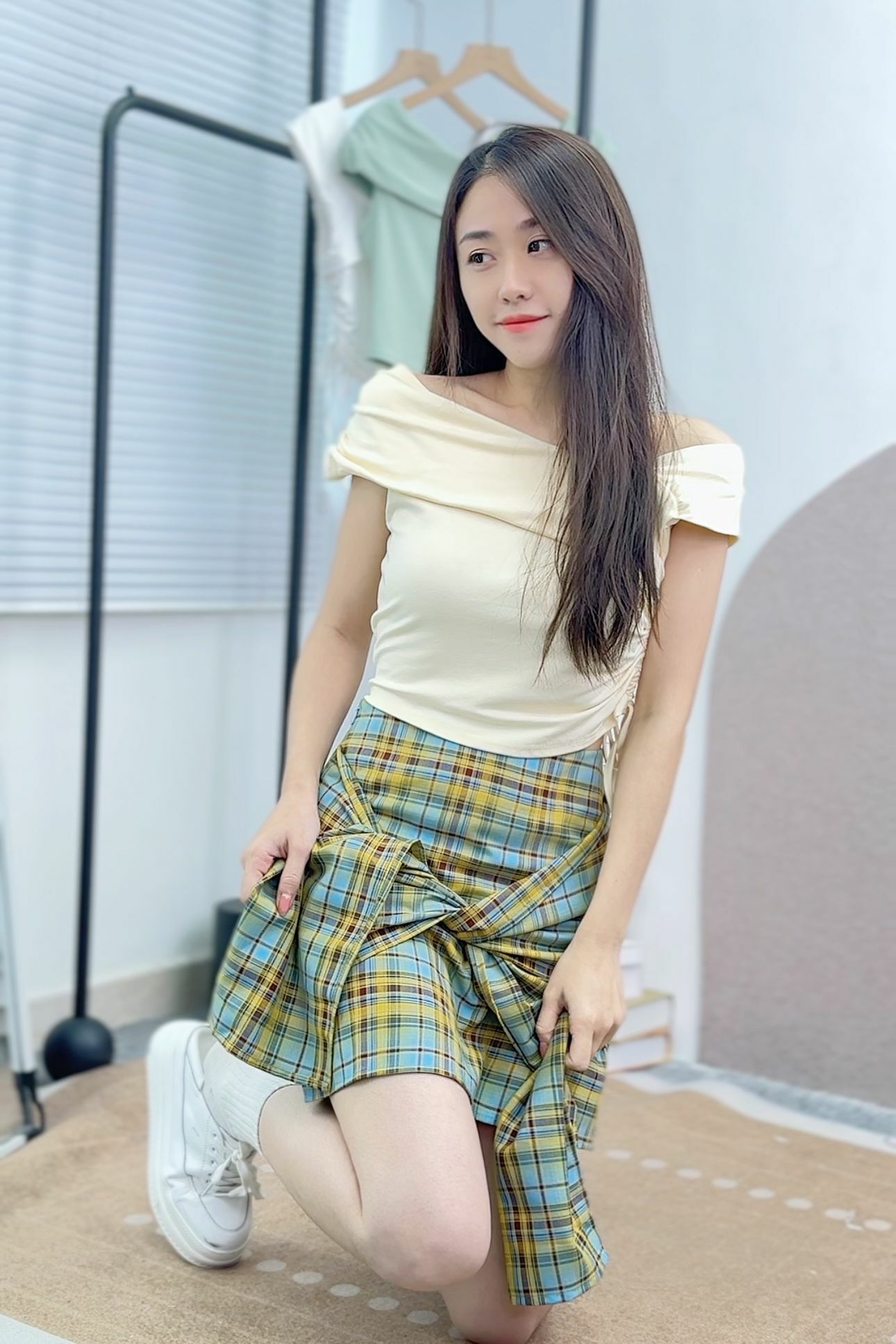 SK#6156 🤍袖圍格子裙