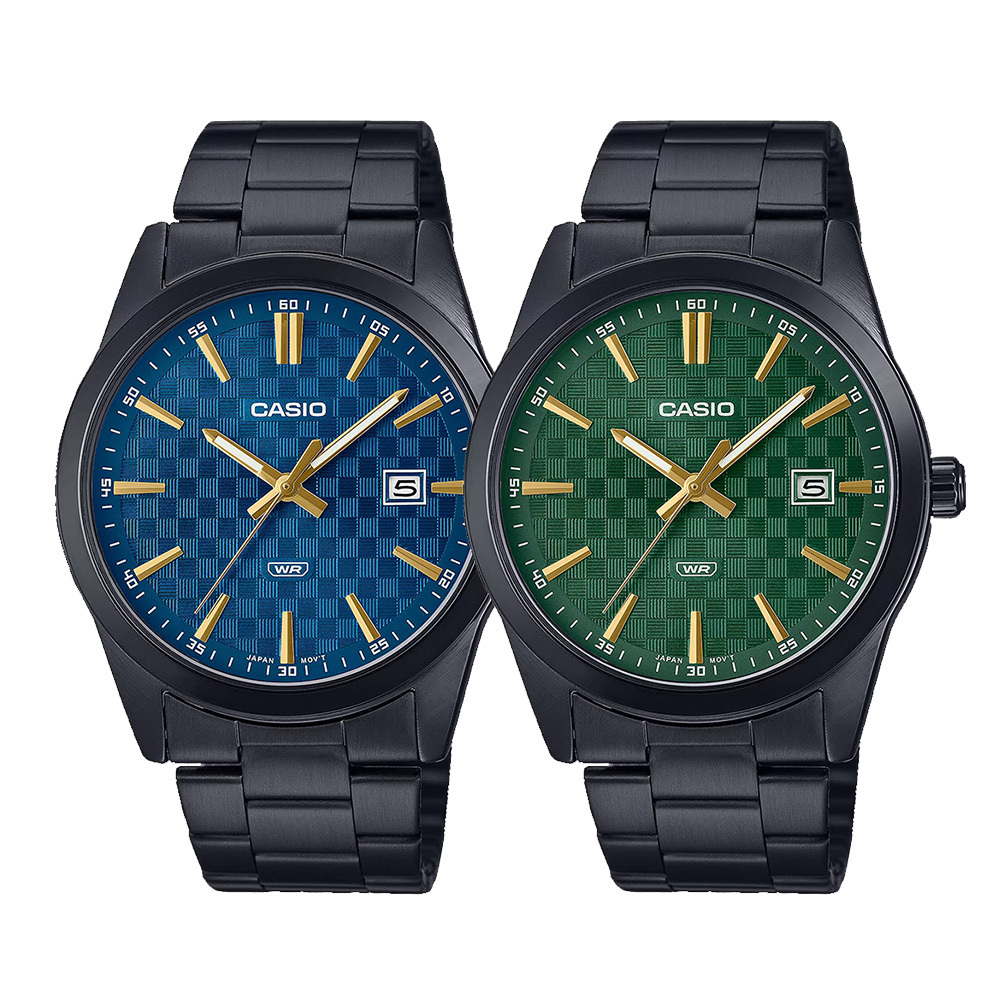 【CASIO 卡西歐】MTP-VD03B 歐風 英倫風 簡約無字 菱格紋 棋盤紋 黑離子 日期顯示 石英腕錶 對錶大款 手錶