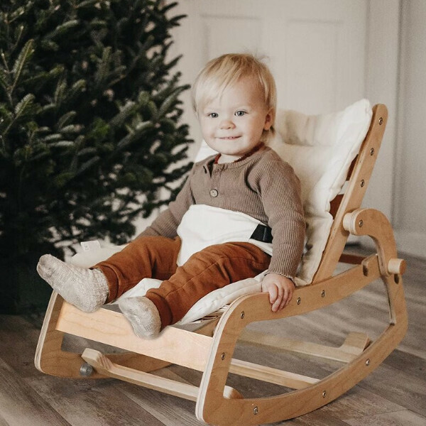 New baby rocking chair, solid wood rocking chair, household newborn recliner [log color chair, beige cushion]