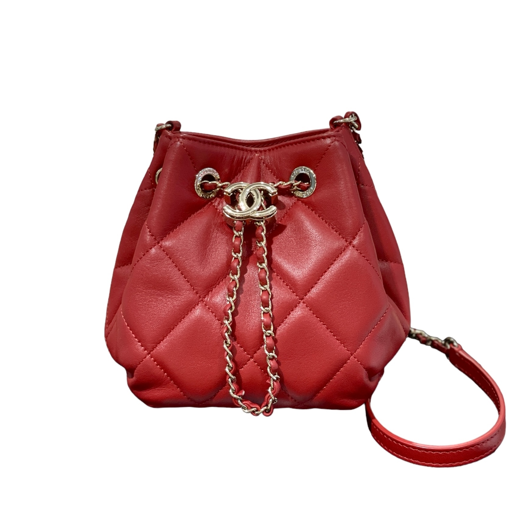 99%NEW二手 CHANEL 斜揹袋,MINI小水桶,紅色,淡金扣,羊皮,菱格紋,BUCKET BAG #香榭站正品