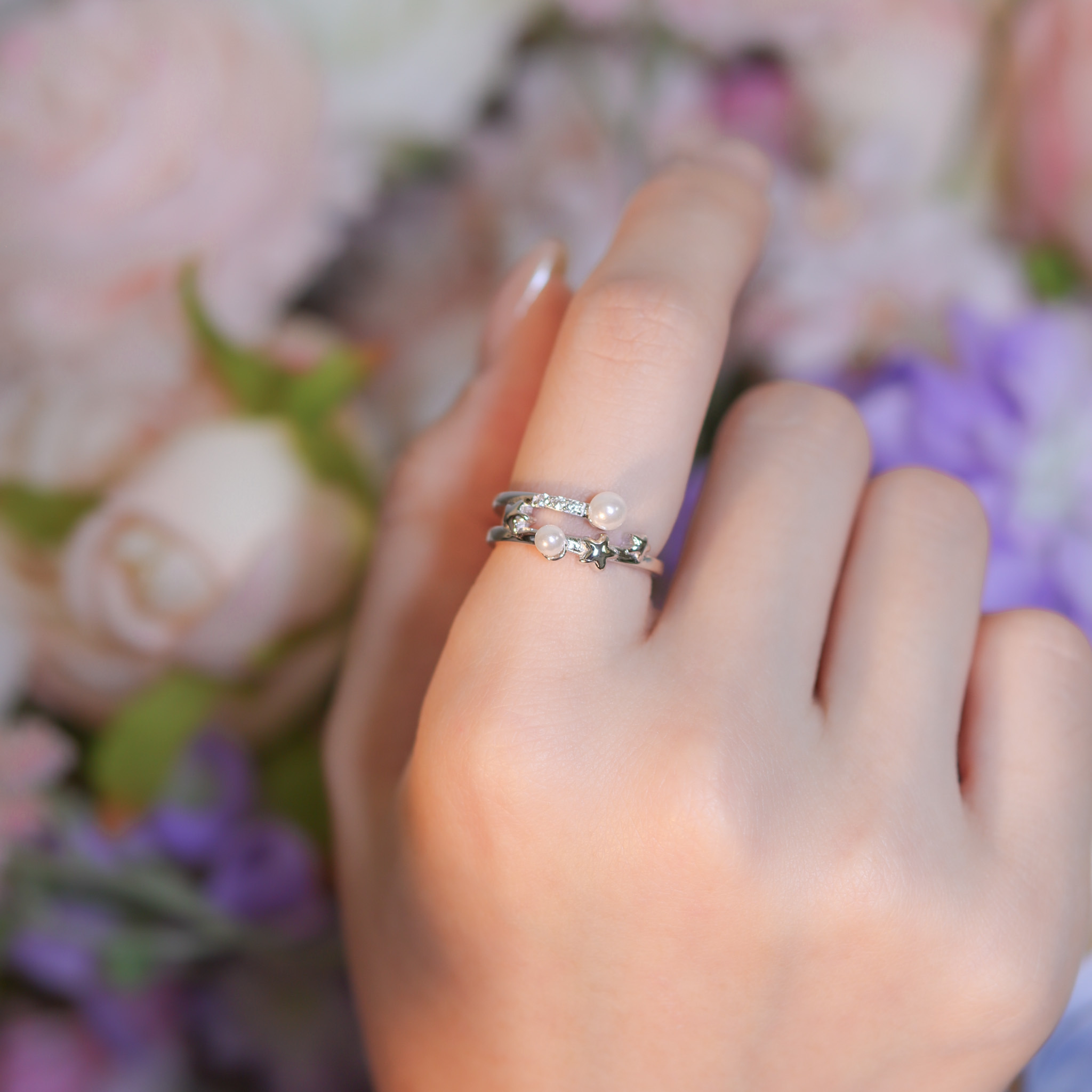 | 925純銀・白金・珍珠 | 珍貴如星雙層戒指 | RI0696 |