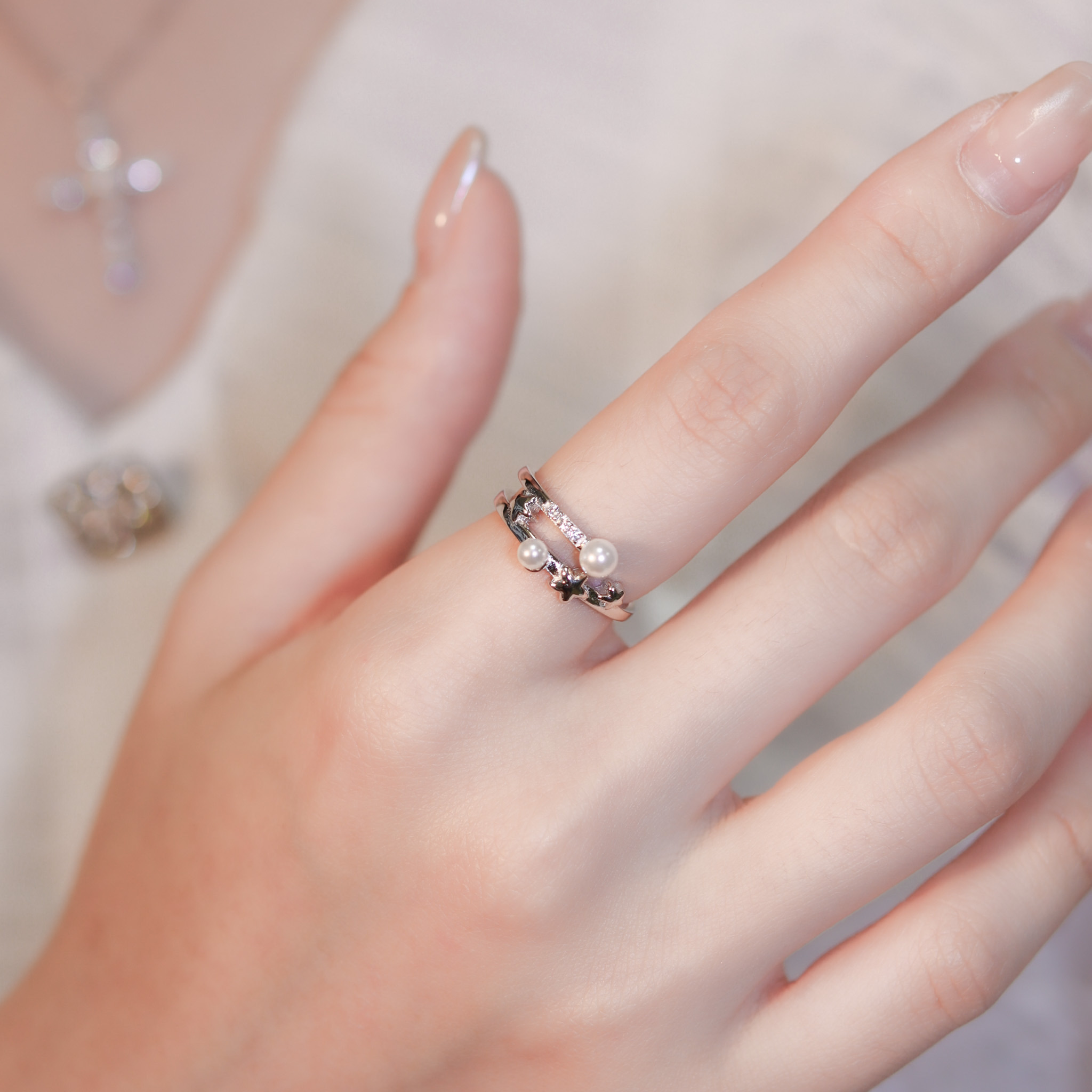 | 925純銀・白金・珍珠 | 珍貴如星雙層戒指 | RI0696 |