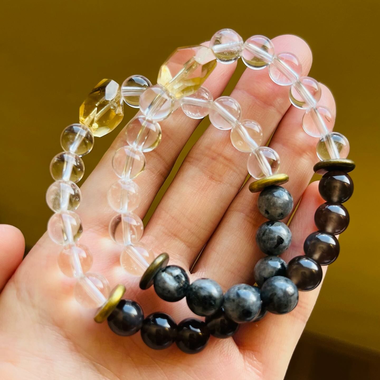 [原石] 冰種黑曜石、歪鹼正長岩、黃水晶、白水晶 設計款水晶手串