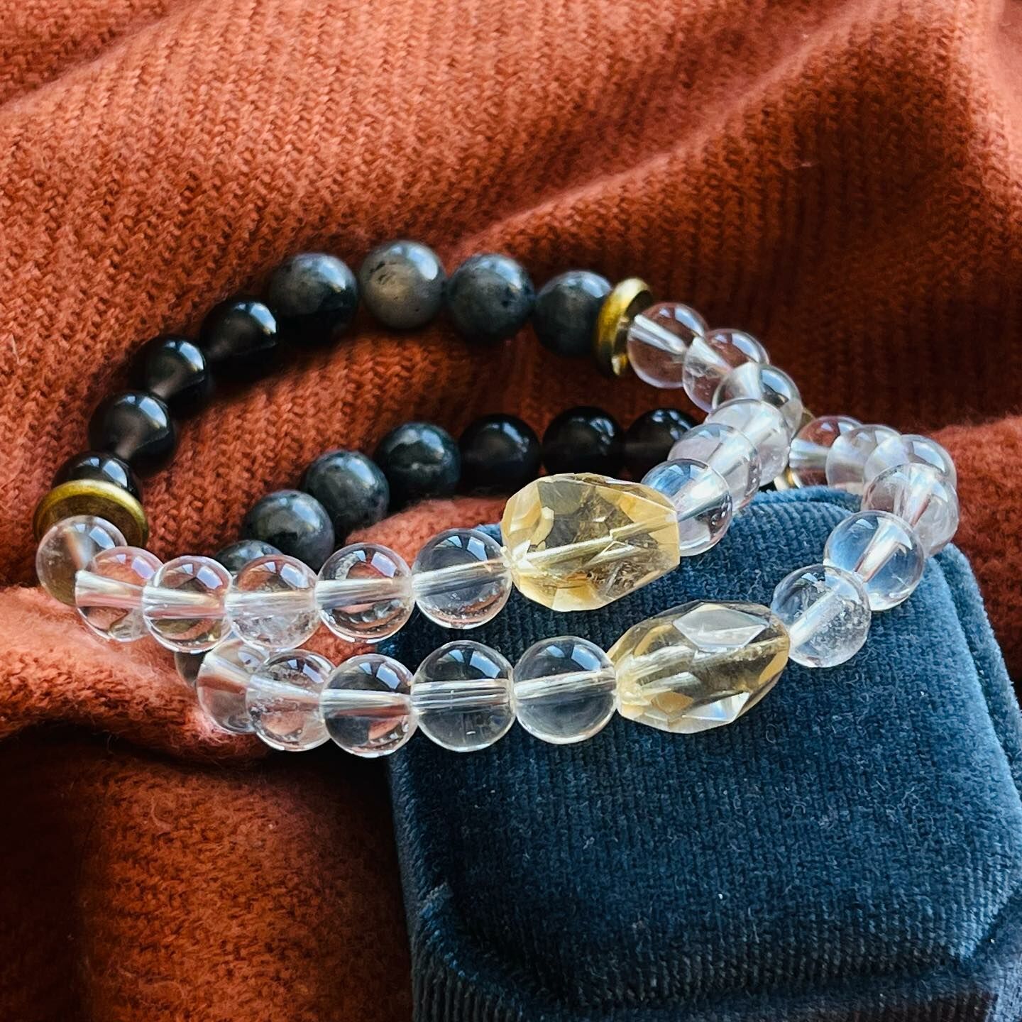 [原石] 冰種黑曜石、歪鹼正長岩、黃水晶、白水晶 設計款水晶手串