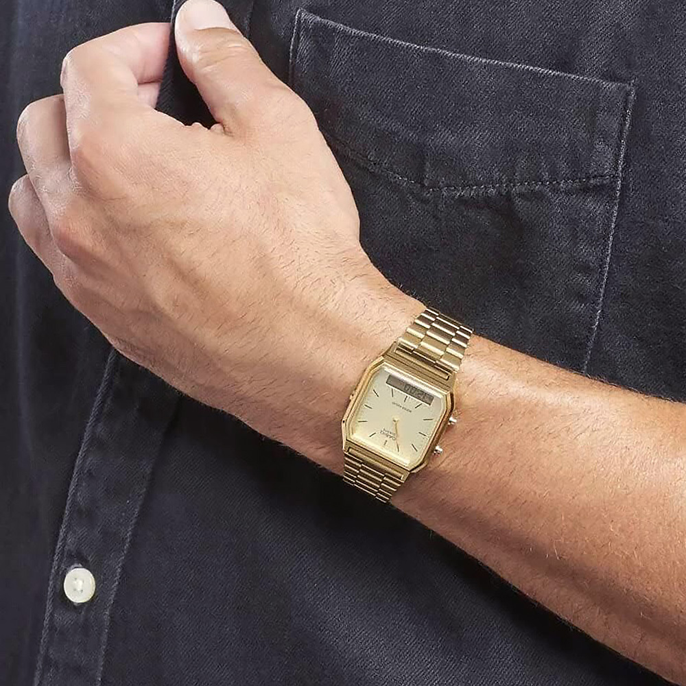 【CASIO 卡西歐】 AQ-230GA 復古金 雙顯 自動日曆 星期日期 不鏽鋼 指針錶 手錶