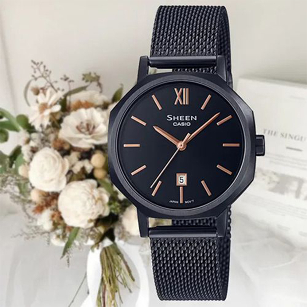 【CASIO 卡西歐】SHE-4554BM-1A 金屬光澤八角形米蘭帶優雅腕錶