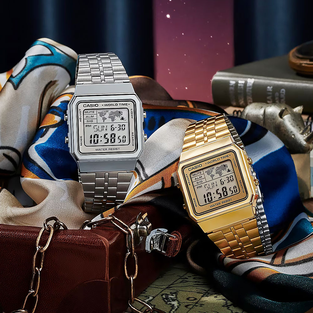 【CASIO 卡西歐】A500WGA 星期日期 世界地圖 時間 LED 復古潮流 金 電子錶 手錶 34mm
