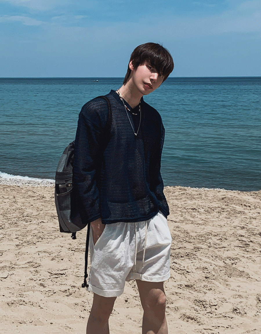 錨V領網眼長袖T恤