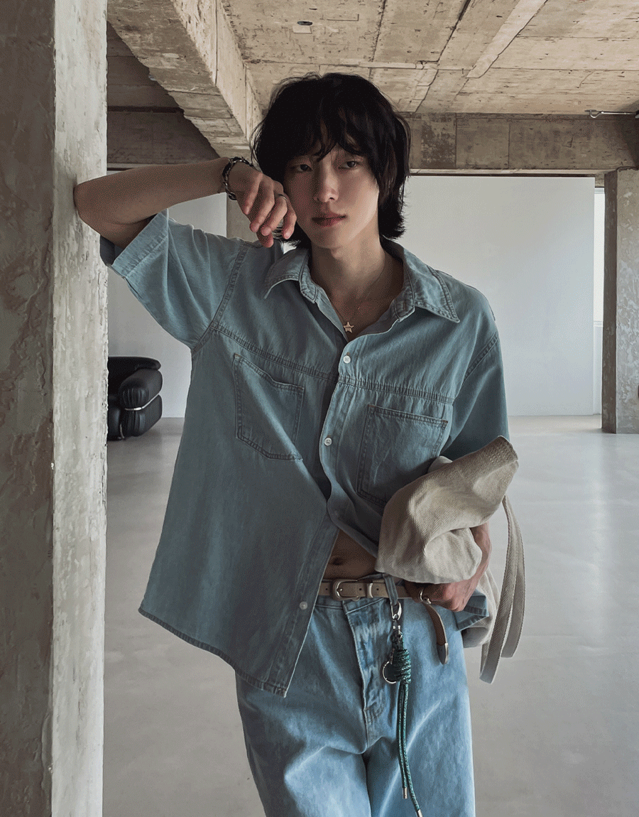 日野口袋牛仔短袖襯衫