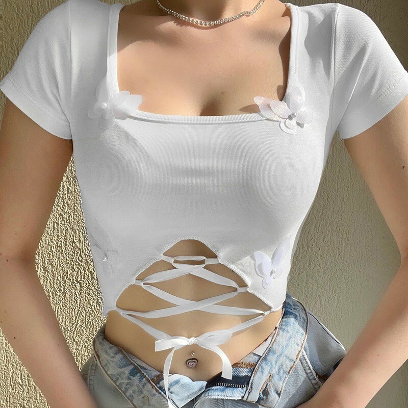 腰綁繩蝴蝶短T