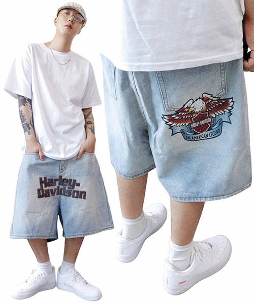 哈雷印染百慕達牛仔褲