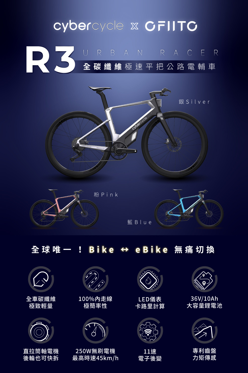 【CyberCycle】R3 - Urban Racer 百分百內走線 碳纖維極速平把公路電輔車