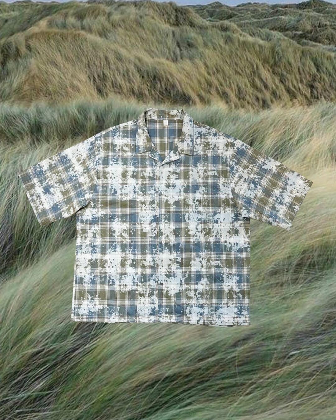 汙格紋開領短袖襯衫