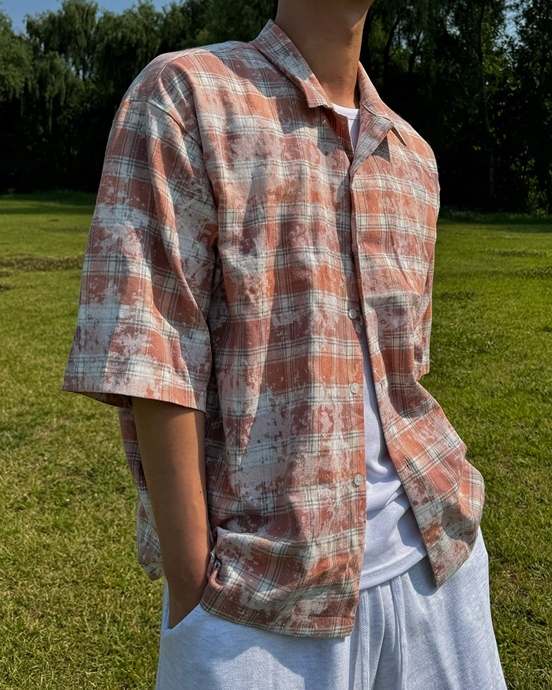 汙格紋開領短袖襯衫