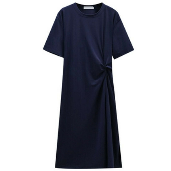 Hot selling pleated slit dress [Navy Blue] [M-4XL size] (please contact customer service to confirm the delivery size after placing the order)