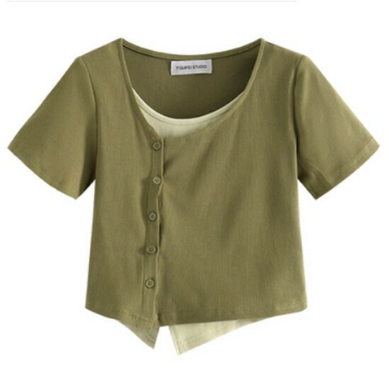 Hot selling diagonal placket short-sleeved T-shirt [Military Green] [M-3XL size] (please contact customer service to confirm the delivery size after placing the order)