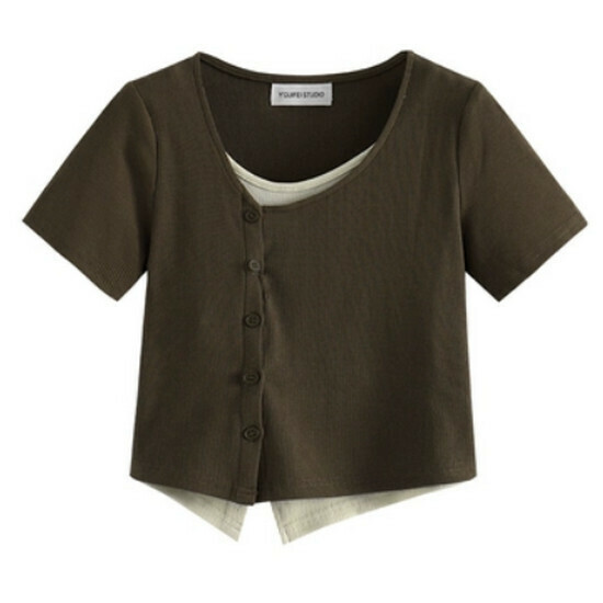 Hot selling diagonal placket short-sleeved T-shirt [brown] [M-3XL size] (please contact customer service to confirm the delivery size after placing the order)