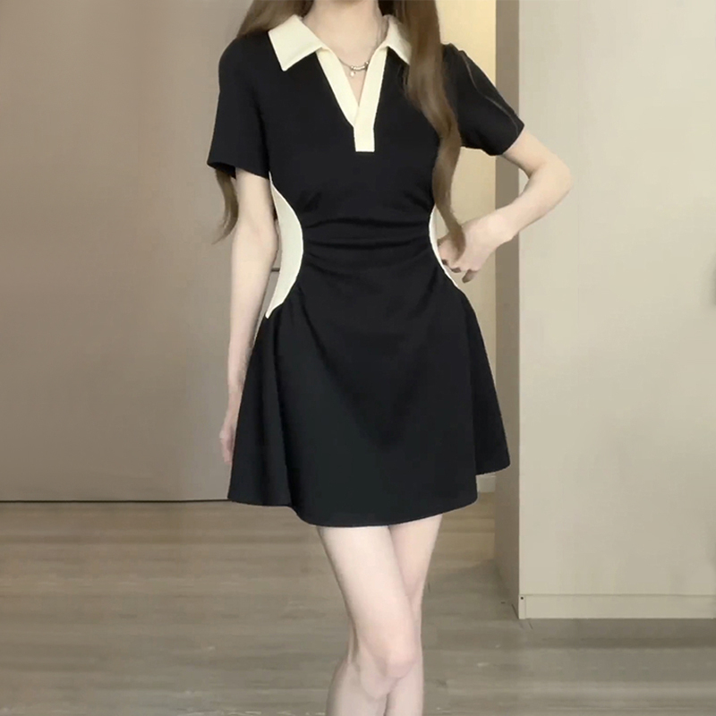 熱賣學院風polo連衣裙（杏拼黑短款 S碼-XL碼）（下單後請聯絡客服確認發貨尺碼）