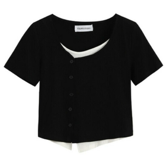 Hot selling diagonal placket short-sleeved T-shirt [Black] [M-3XL size] (please contact customer service to confirm the delivery size after placing the order)