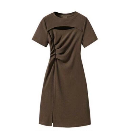 Hot selling pleated slit dress [brown] [M-4XL size] (please contact customer service to confirm the delivery size after placing the order)