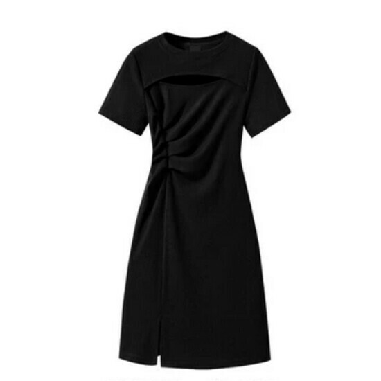 Hot selling pleated slit dress [black] [M-4XL size] (please contact customer service to confirm the delivery size after placing the order)
