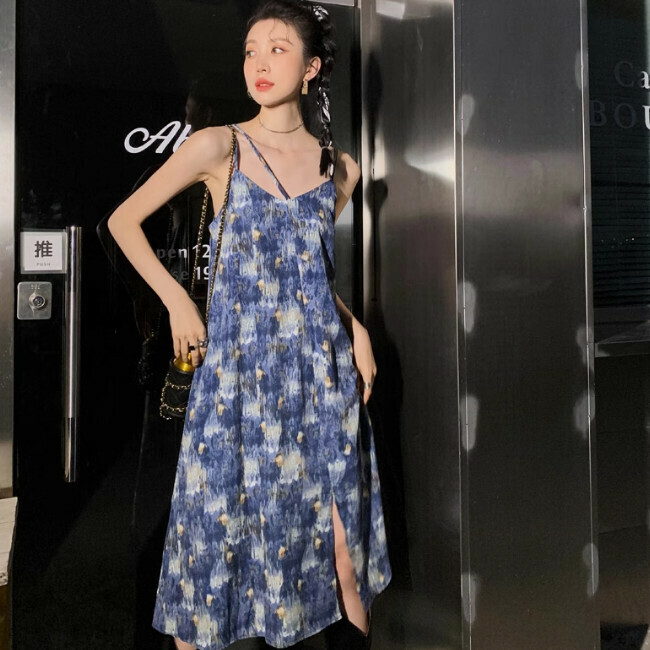 Hot selling suspender floral dress (blue) ((S-L size)) (contact customer service after placing the order to confirm the delivery size)