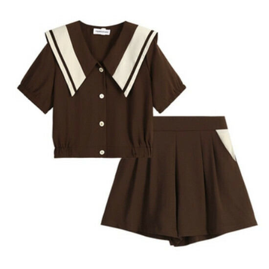 Hot selling contrasting color short sleeves + shorts suit [brown] [size L-4XL] (please contact customer service to confirm the delivery size after placing the order)